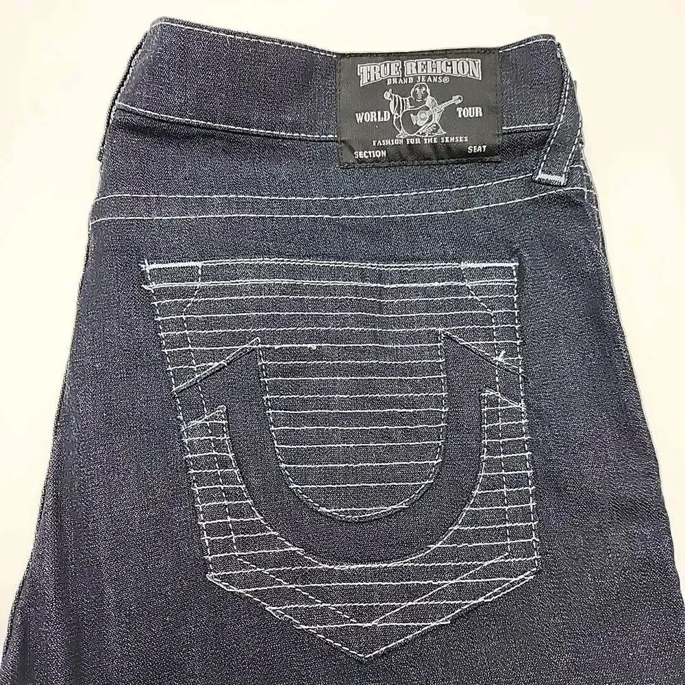 True Religion Jeans Moto Slim Men Sz 42 x 34 Dark Wash Contrast Stitch Textured